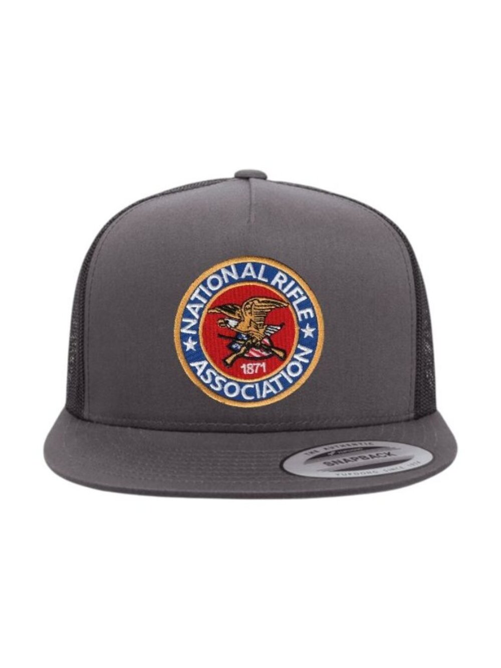 NRA Rifle Association YP Flat Bill Trucker Hat Mesh Back Snapback Charcoal/black